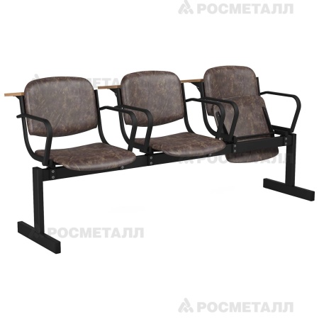 Блок стульев 3-местный мягкий, откидной, с подлокотниками, лекционный Кожзаменитель Желтый