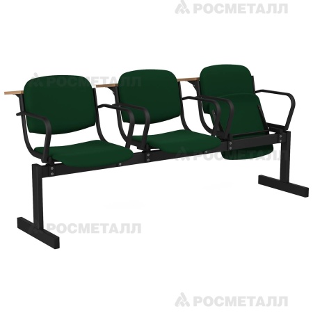 Блок стульев 3-местный мягкий, откидной, с подлокотниками, лекционный Флок Зеленый (флок)