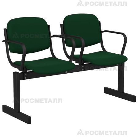 Блок стульев 2-местный мягкий, не откидной, с подлокотниками Флок Зеленый (флок)