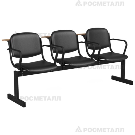 Блок стульев 3-местный мягкий, не откидной, с подлокотниками, лекционный Кожзаменитель Черный