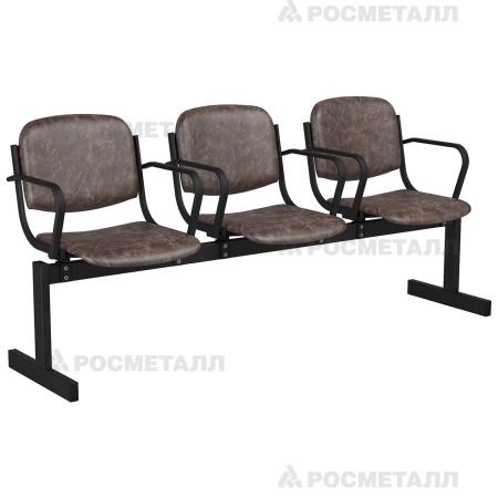 Блок стульев 3-местный мягкий, не откидной, с подлокотниками Кожзаменитель Серый