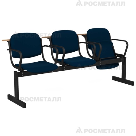 Блок стульев 3-местный мягкий, откидной, с подлокотниками, лекционный Флок Синий (флок)