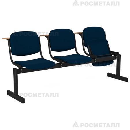 Блок стульев 3-местный мягкий, откидной, лекционный Флок Синий (флок)