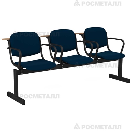 Блок стульев 3-местный мягкий, не откидной, с подлокотниками, лекционный Флок Синий (флок)