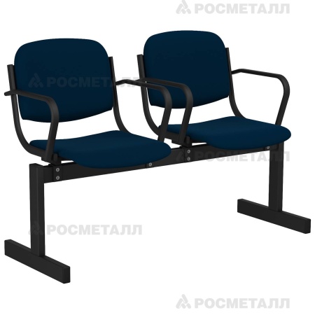 Блок стульев 2-местный мягкий, не откидной, с подлокотниками Флок Синий (флок)