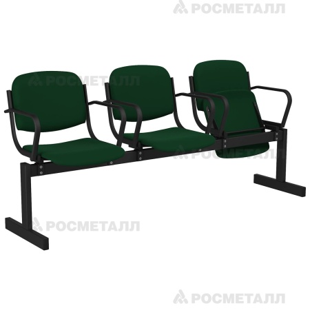 Блок стульев 3-местный мягкий, откидной, с подлокотниками Флок Зеленый (флок)