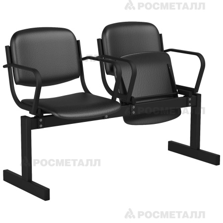 Блок стульев 2-местный мягкий, откидной, с подлокотниками Кожзаменитель Черный