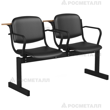 Блок стульев 2-местный мягкий, не откидной, лекционный Кожзаменитель Черный