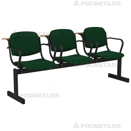 Блок стульев 3-местный мягкий, не откидной, с подлокотниками, лекционный Флок Зеленый (флок)