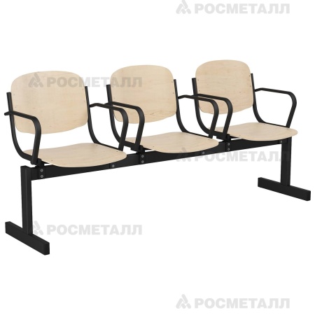 Блок стульев 3-местный жесткий, неоткидной с подлокотниками Гнутоклееная фанера Фанера/лак