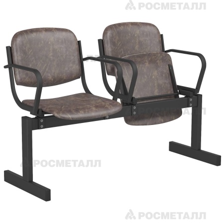 Блок стульев 2-местный мягкий, откидной, с подлокотниками Кожзаменитель Коричневый