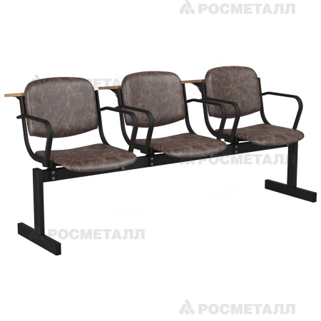Блок стульев 3-местный мягкий, не откидной, с подлокотниками, лекционный Кожзаменитель Синий