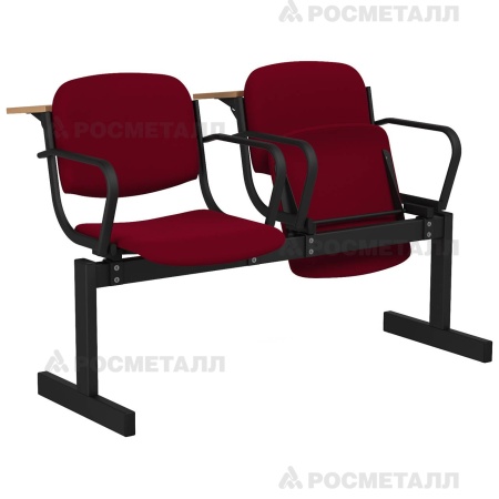 Блок стульев 2-местный мягкий, откидной, с подлокотниками, лекционный Флок Бордо (флок)
