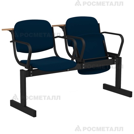 Блок стульев 2-местный мягкий, откидной, с подлокотниками, лекционный Флок Синий (флок)