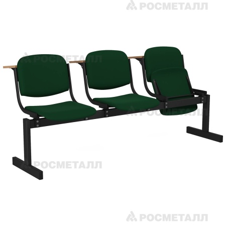 Блок стульев 3-местный мягкий, откидной, лекционный Флок Зеленый (флок)