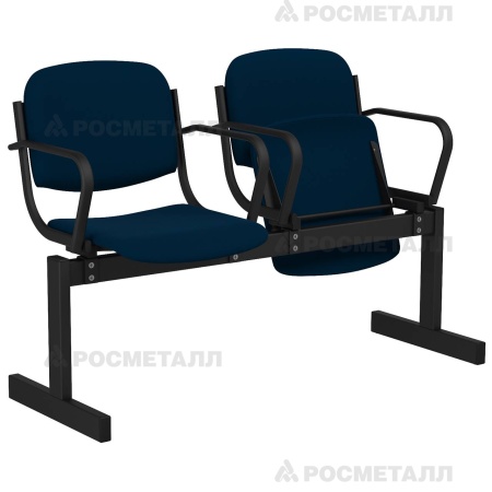 Блок стульев 2-местный мягкий, откидной, с подлокотниками Флок Синий (флок)